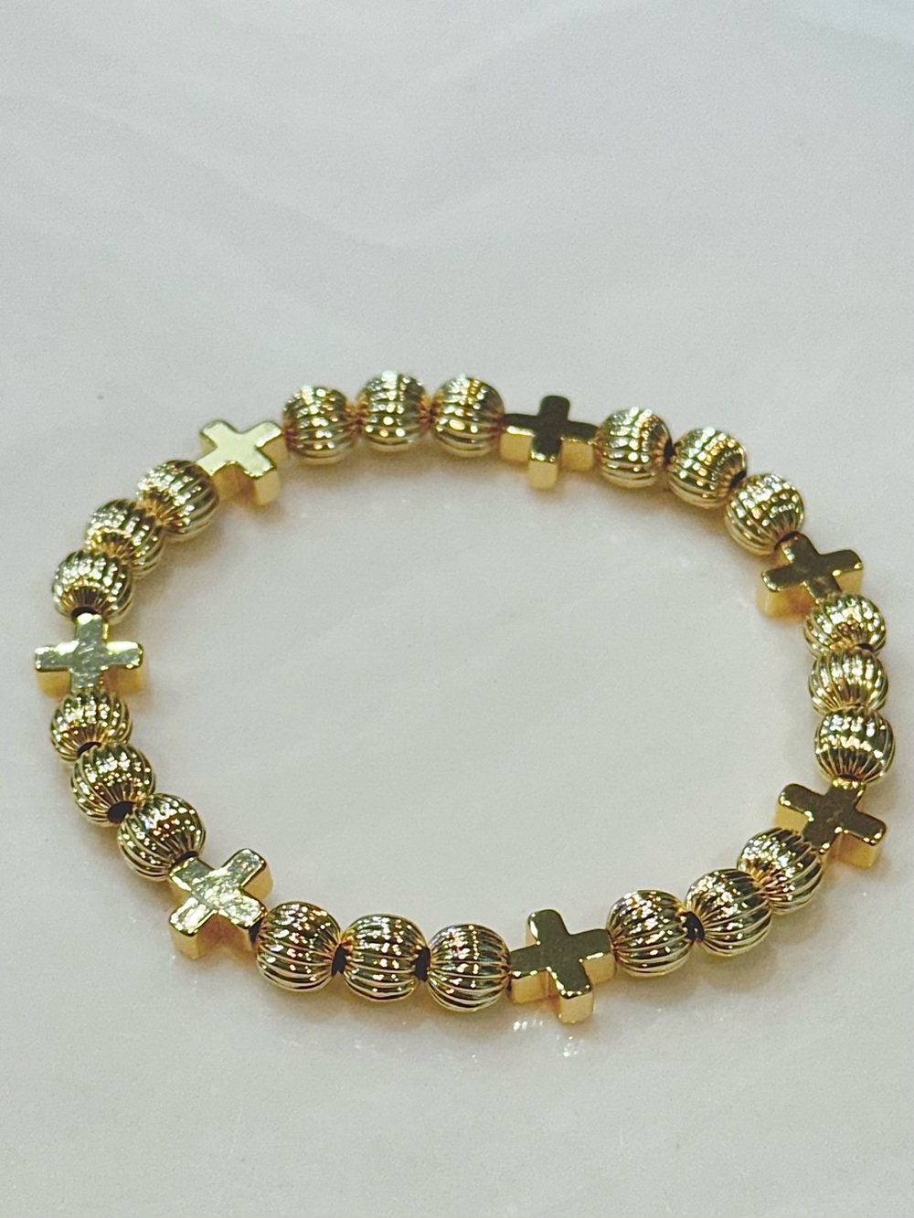 Hand Crafted Lux Infinity Cross 6mm Gold Bead Bracelet